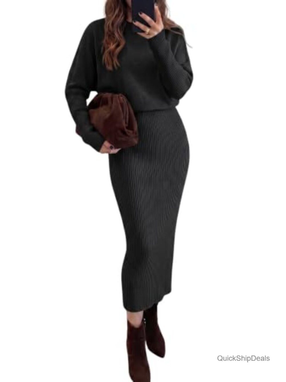 Ribbed Knit Sweater Dress Long Sleeve Bodycon Midi Crewneck Pull On